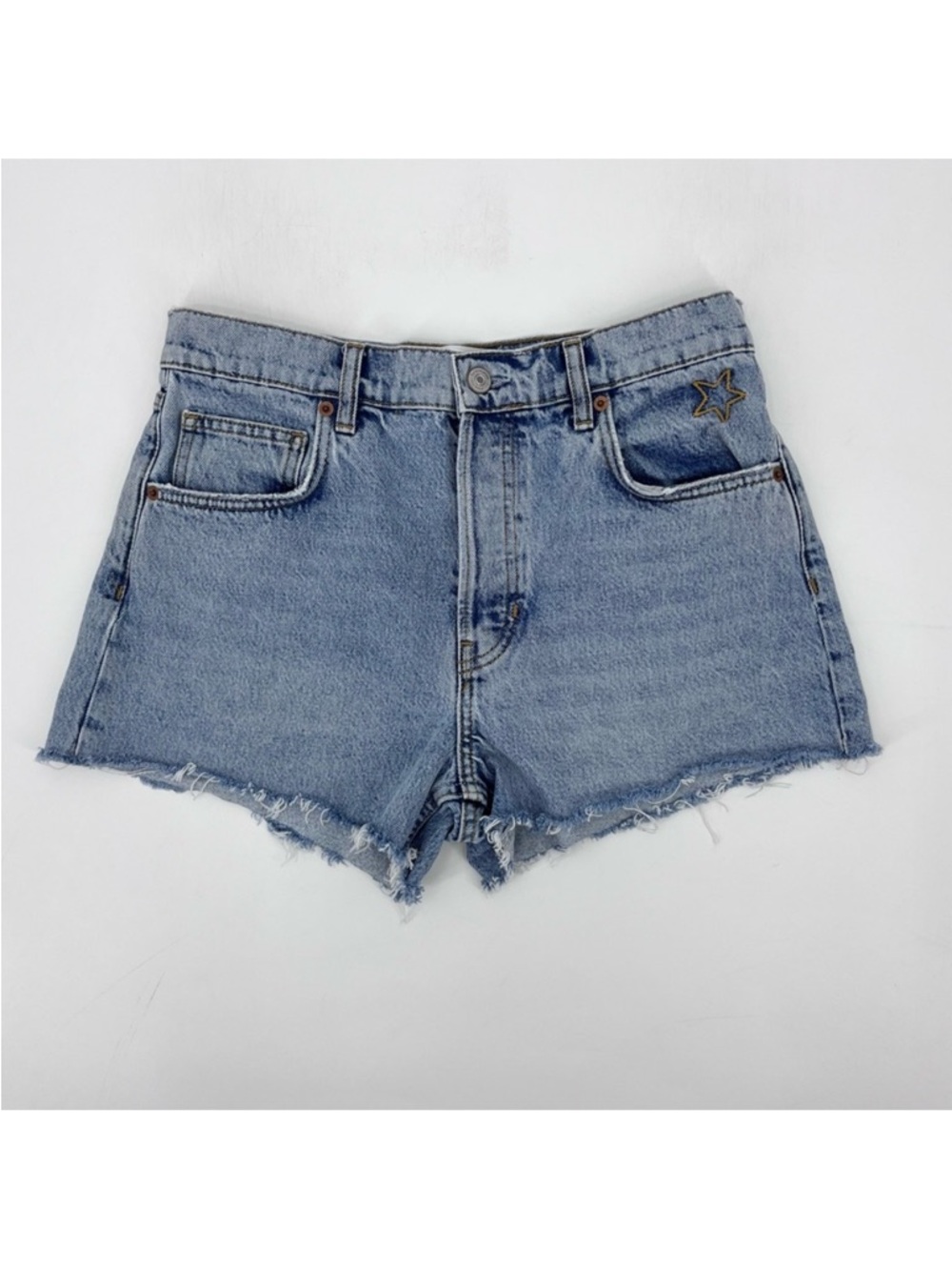 Reformation Charlie High Rise Star Embroidered Sloan Denim Button Fly Shorts 28”